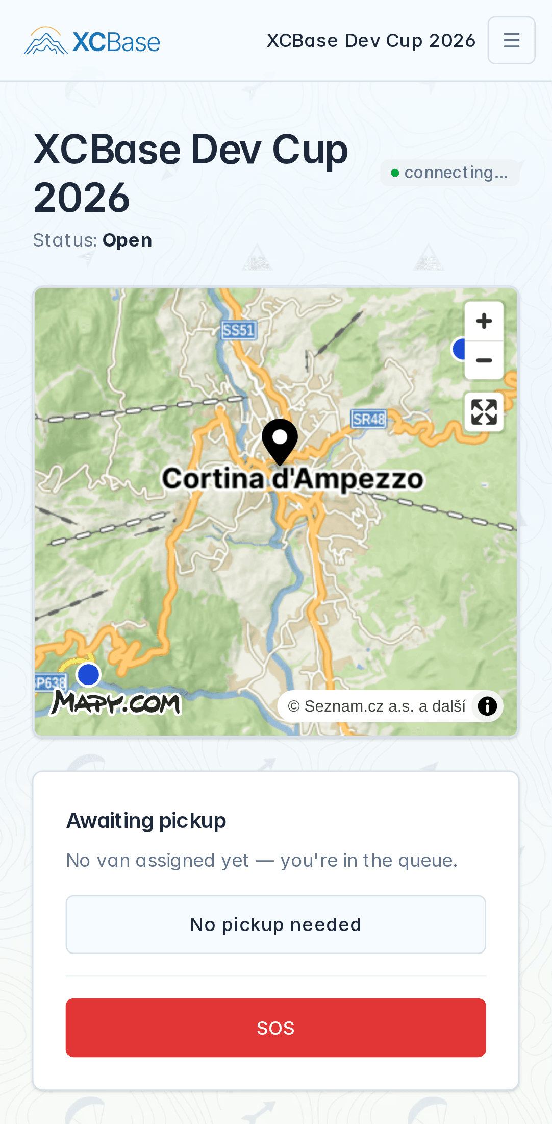 XCBase pilot view on a phone showing competition status and pickup actions